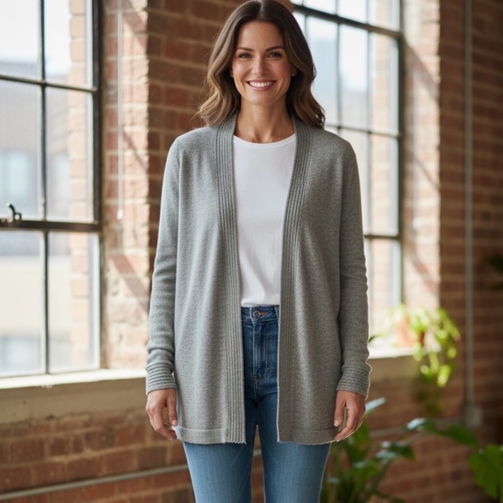 Charter Club Luxury 100% Cashmere Open Front Cardigan Heather Gray Womens Medium
